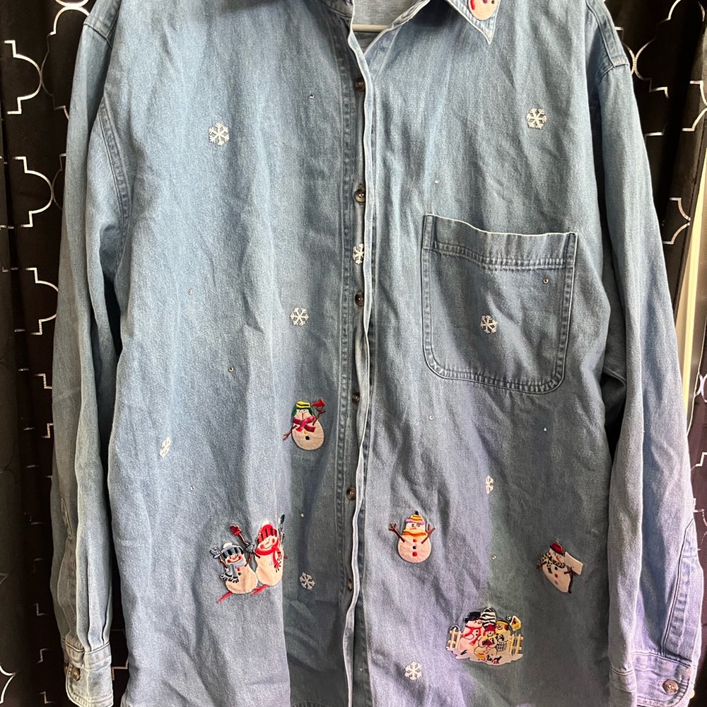 Vintage Denim Shirt with Snowman Embroidery